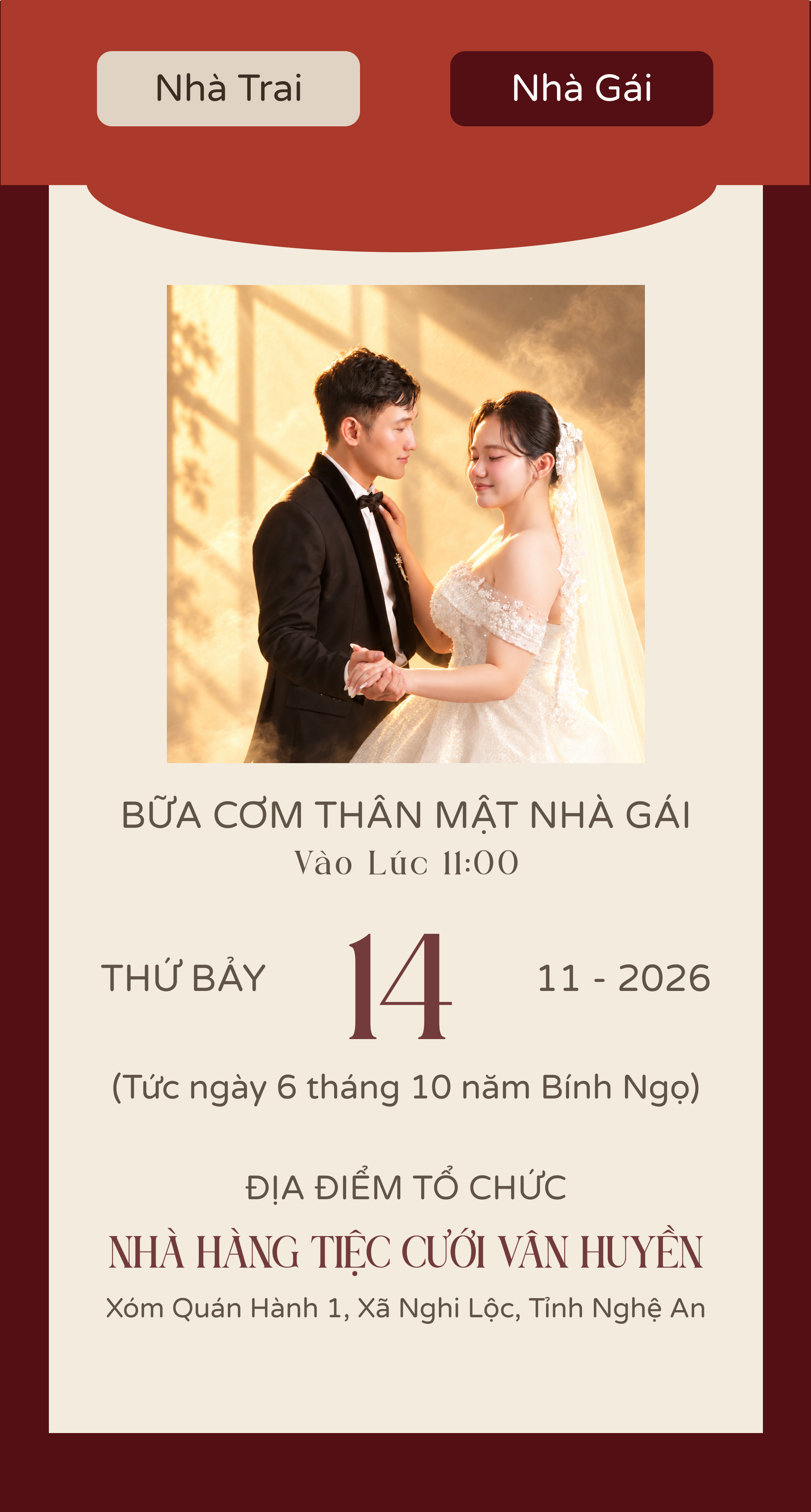 Nhà Gái · Bữa cơm thân mật · Thứ Bảy 14/11/2026, 11:00 · Nhà Hàng tiệc cưới Vân Huyền, Xóm Quán Hành 1, Xã Nghi Lộc, Tỉnh Nghệ An